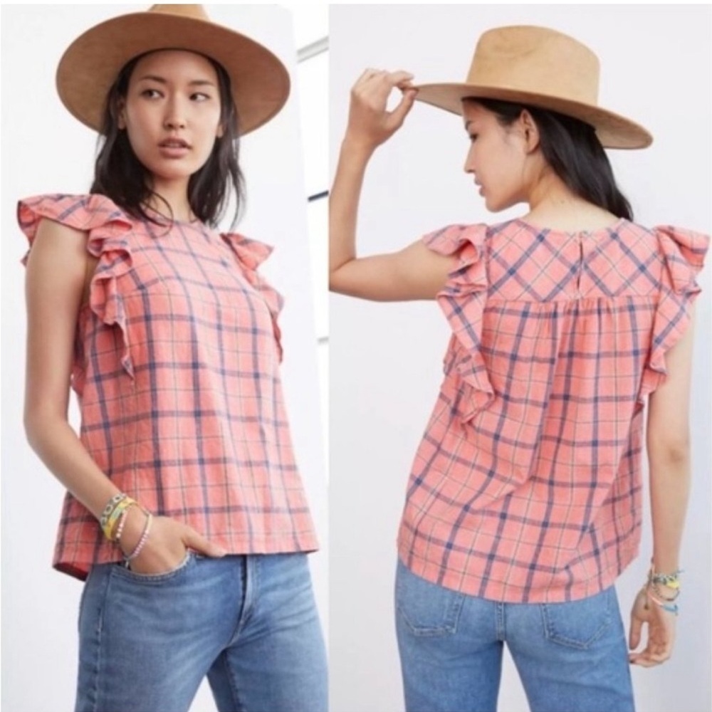 Anthropologie Plaid Amarette Ruffled Blouse size XS NWT 100% cotton